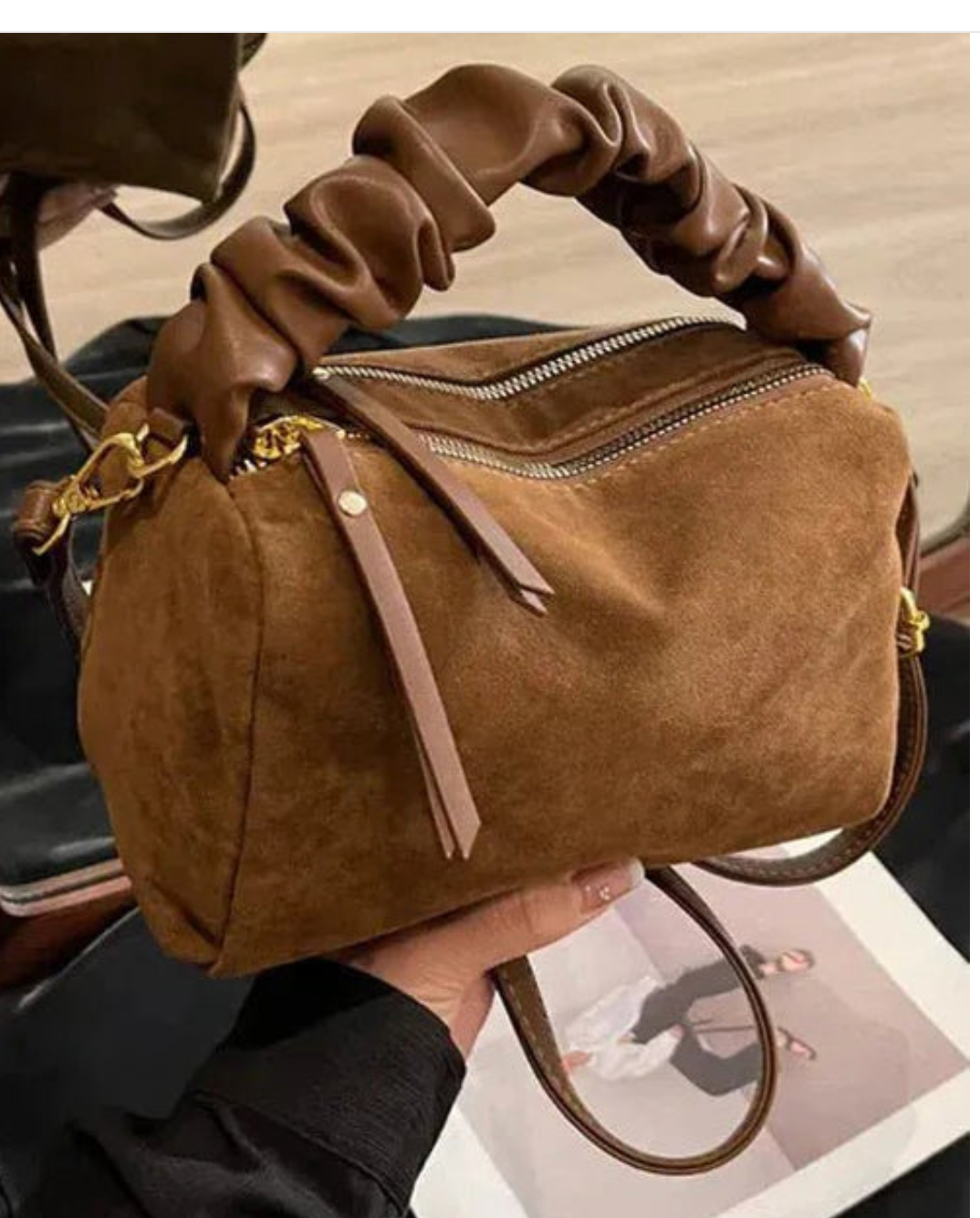 Faux Suede Barrel Bag