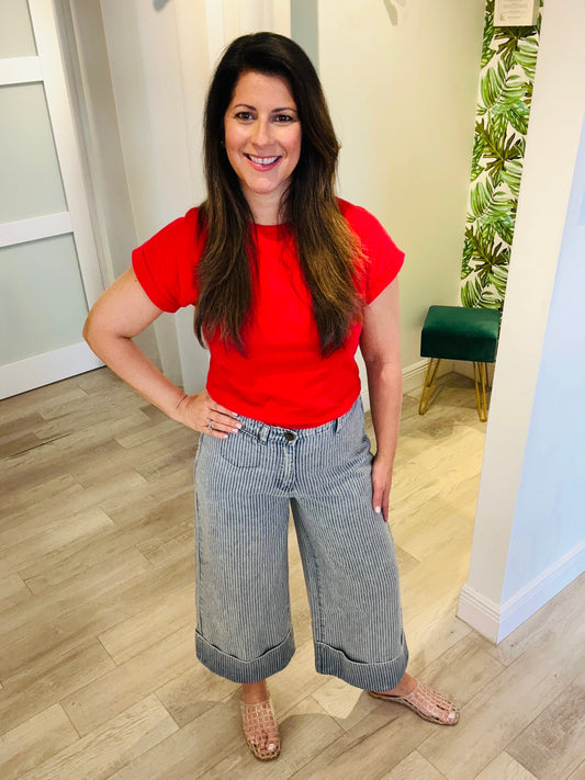 Pinstriped Cuffed Crop